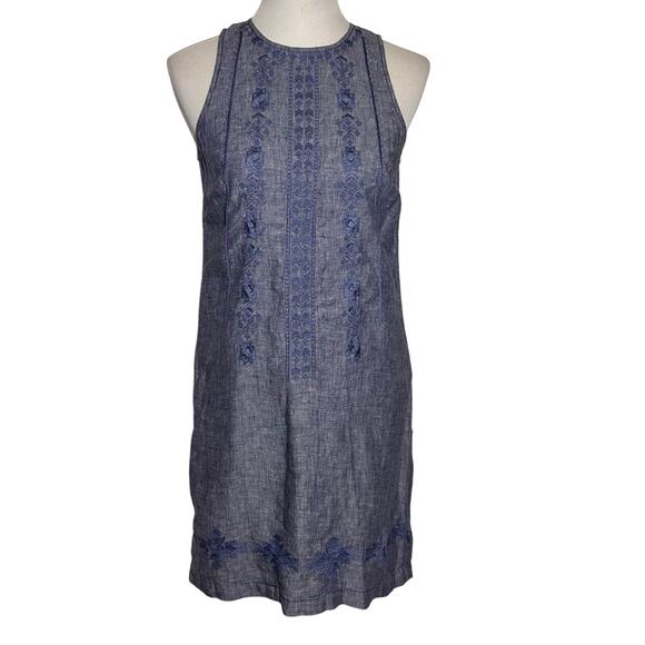 Artisan NY Blue Embroidered Sleeveless Linen Chambray Midi Dress Sz 2 - Picture 1 of 7